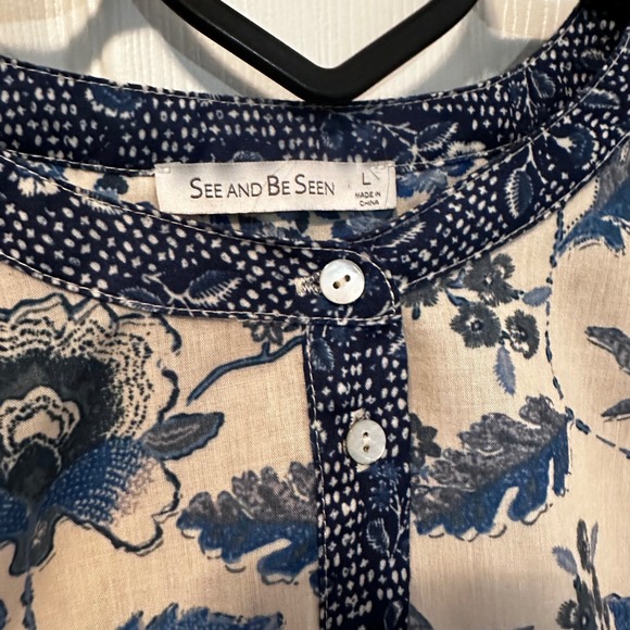 See And Be Seen Womens Blue Cream Floral Mixed Print Lace Trim Blouse Large - Picture 3 of 9